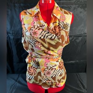 Vintage, sheer sleeveless collar groovy print top